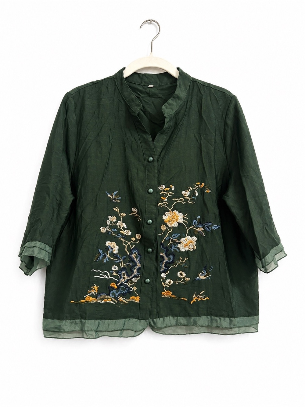 Vintage Style Green Embroidered Blouse Floral Bird Button Front Boho Top size 5